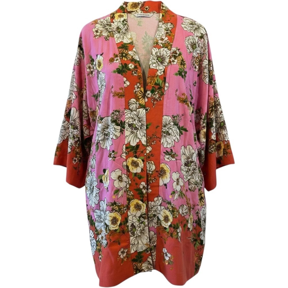 Isaac Mizrahi Live! Kimono Wrap Women Large Pink Floral Open Front Boho Cardigan